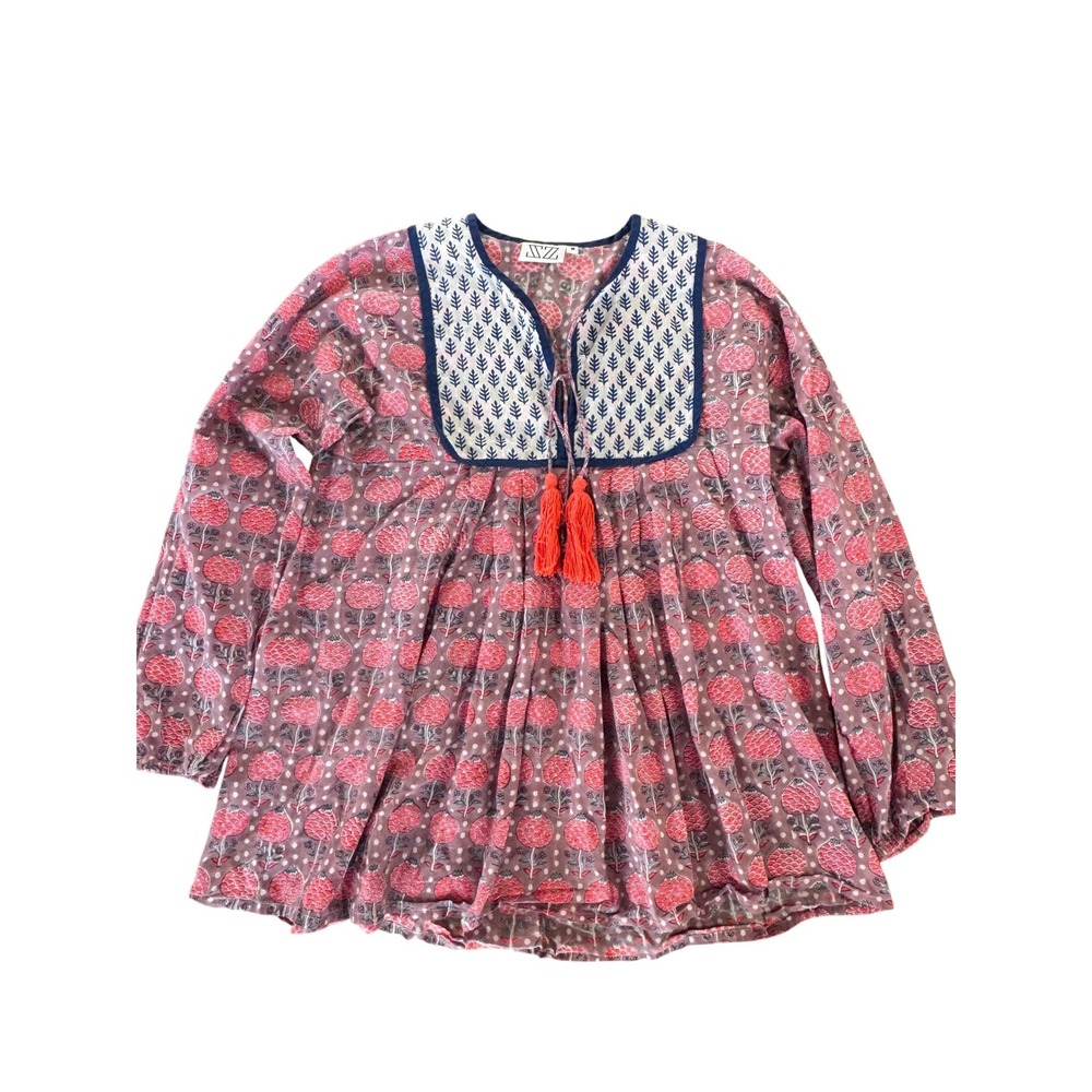 SZ Blockprints Nila Tunic Pink Blue Floral Block Print Tassel Top Womens Medium